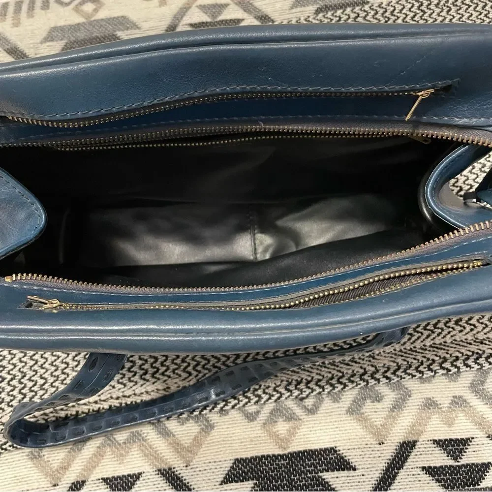 Vintage Ganson Navy Leather Short Handle Tote W/Stitching Detail Bag